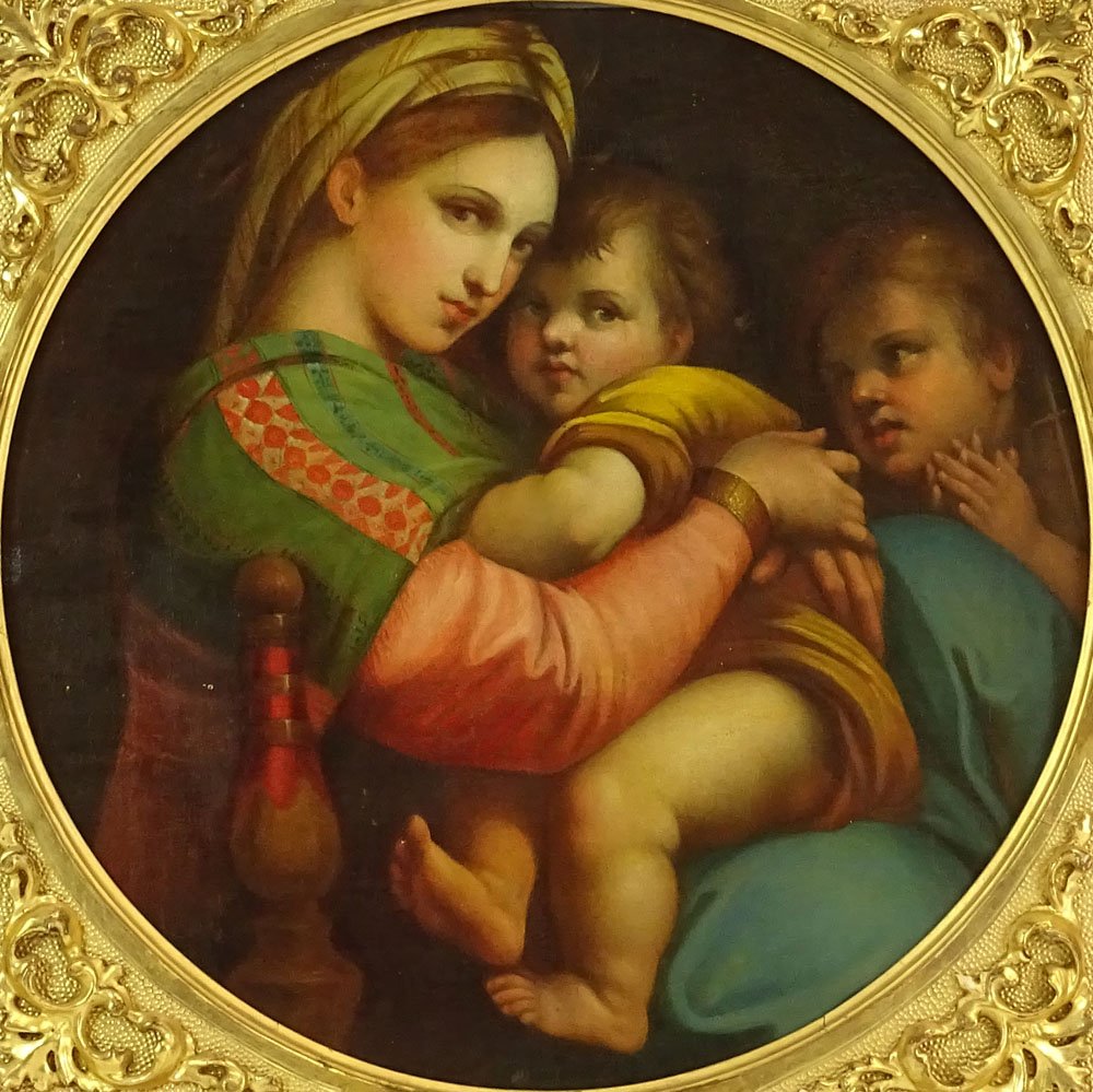 19/20th Century Oil on Canvas after Raphaelâ€™s Madonna: 19/20th Century Oil on Canvas after Raphaelâ€™s Madonna della Sedia (1513-14). Carved and Gilt Wood Frame. Unsigned. Old Repair (patch with In-painting) Otherwise Good Condition. Measures 16 Inch