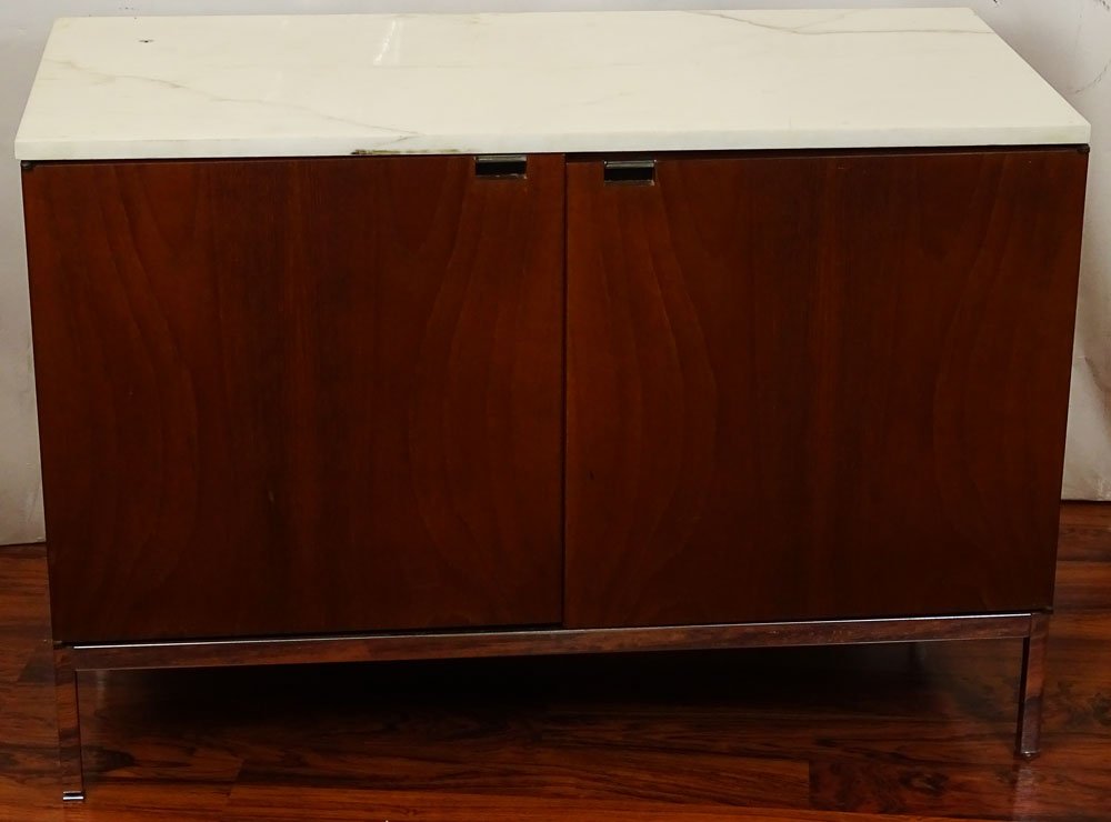 1960's Florence Knoll Teak Credenza with White Marble: 1960's Florence Knoll Teak Credenza with White Marble Top. Unsigned. Wear, Scuffs and Rubbing, Consistent with Age and Use. Locking Mechanism on Top, Sorry No Key (it is unlocked). Measures 25-1/2 Inc