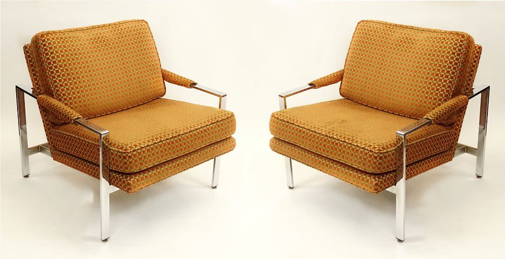 Pair of Vintage Knoll Upholstered and Chromed Metal: Pair of Vintage Knoll Upholstered and Chromed Metal Club Chairs. Unsigned. Some Pitting on The Metal or in Good Condition. Measures 30 Inches Tall, 28-1/4 Inches Width, 31-1/2 Inches Depth. We will no