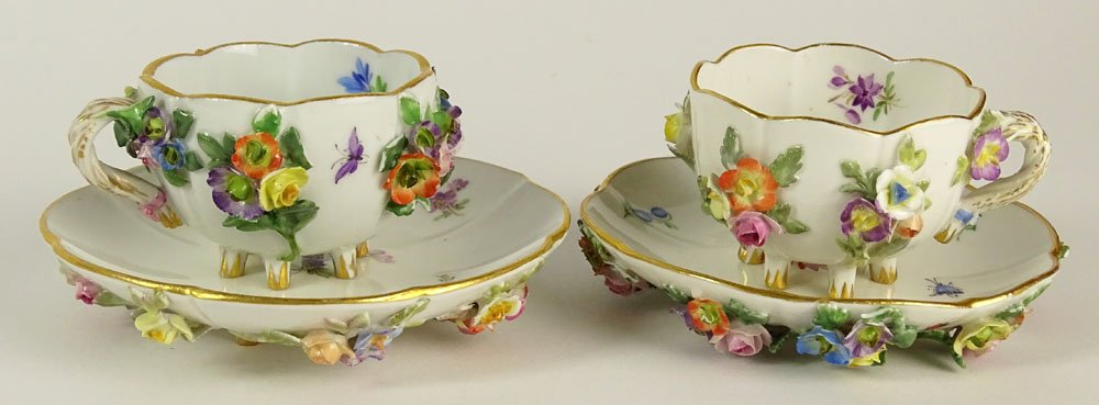 Two (2) Meissen Miniature Cups and Saucers. Underglaze (1 of 4)