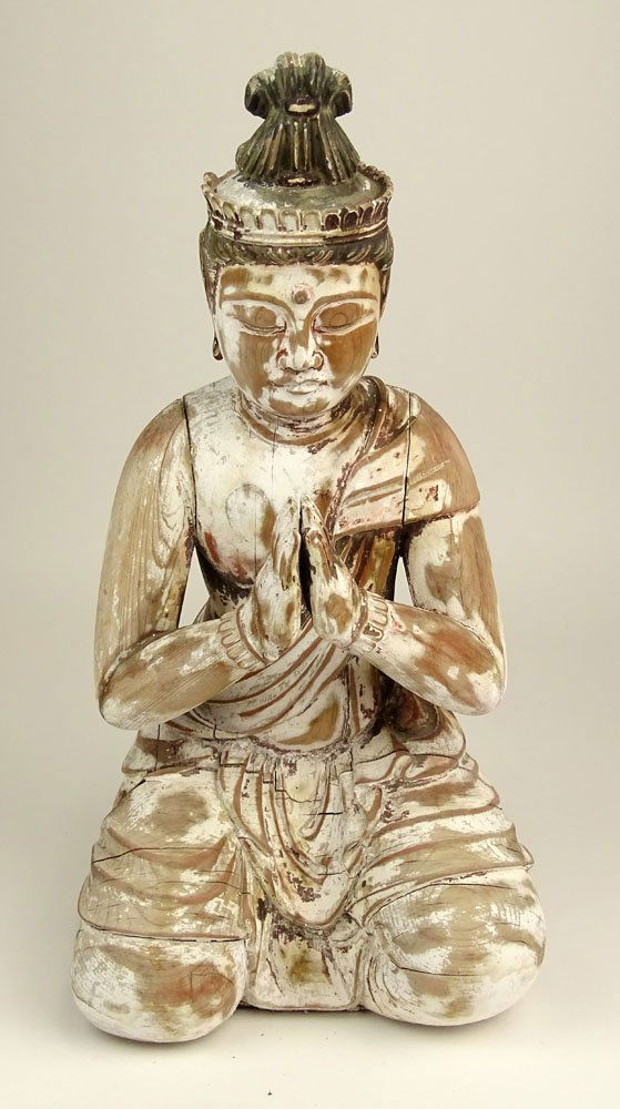 Old Carved Wood Praying Buddha Figure. Distressed (1 of 6)