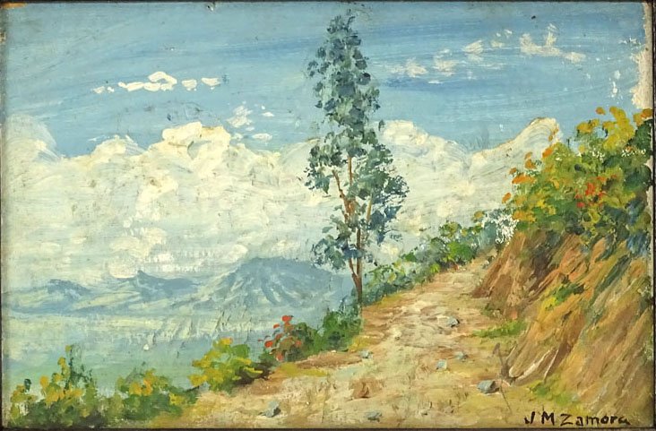 JesÃºs MarÃ­a Zamora, Colombian (1875-1949) Oil on: JesÃºs MarÃ­a Zamora, Colombian (1875-1949) Oil on Artist Board. "Road In The Mountains". Signed Lower Right J M Zamora. Good Condition. Measures 4-1/2 Inches by 6-1/2 Inches. Frame Measures 6-3/4
