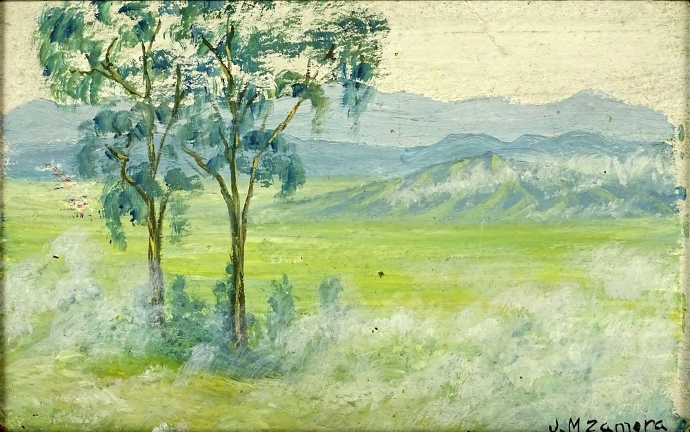 JesÃºs MarÃ­a Zamora, Colombian (1875-1949) Oil on: JesÃºs MarÃ­a Zamora, Colombian (1875-1949) Oil on Artist Board. "Two Trees In The Mist". Signed Lower Right J M Zamora. Good Condition. Measures 4-1/2 Inches by 6-1/2 Inches. Frame Measures 6-3/4