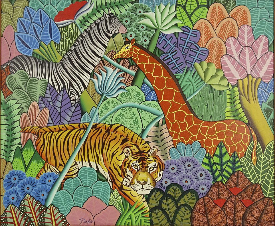 F. Acelin, Haitian (20th C) Oil on Canvas. "Tiger In (1 of 4)