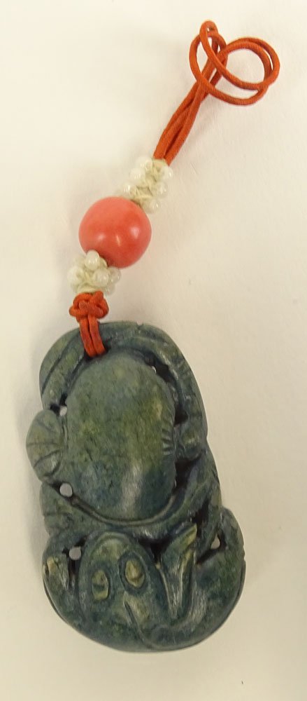 Antique Chinese Carved Blue Jade Pendant. Depicts a (1 of 2)