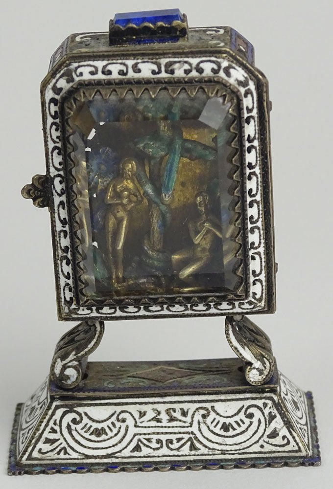 Renaissance style Enamel and Silver Miniature "Adam and: Renaissance style Enamel and Silver Miniature "Adam and Eve". Unsigned. Small Losses to Enamel and to Top Otherwise Good Condition. Measures 3 Inches Tall and 2 Inches Wide. Shipping $32.00