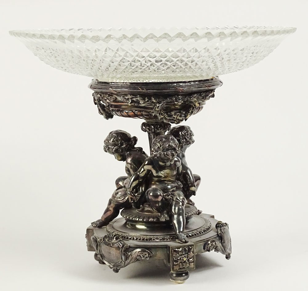 Antique Silver Plate and Crystal Figural Compote.: Antique Silver Plate and Crystal Figural Compote. Unsigned. Minor Chips to Teeth or in Overall Good Condition. Measures 10-1/4 Inches Tall, 12 Inches Diameter. Shipping $95.00