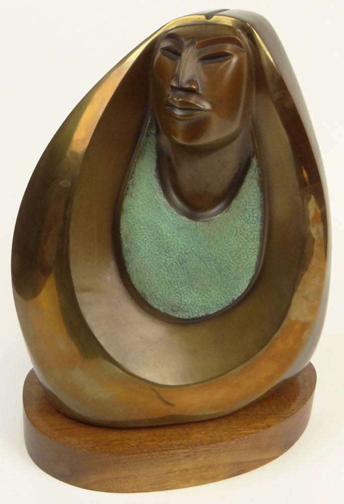 Bruce LaFountain, American (1961 - ) Bronze on Wood: Bruce LaFountain, American (1961 - ) Bronze on Wood Base. "Native Woman" Signed B. LaFountain 19/30 1995. Paper Label on Bottom: Rice & Faulkenberg Gallery, Palm Beach. Very Good Condition. Measures 1