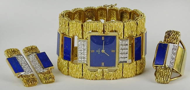 Heavy Retro 18 Karat Yellow Gold, Lapis, Diamond Three: Heavy Retro 18 Karat Yellow Gold, Lapis, Diamond Three (3) Piece Suite. Includes a watch bracelet, ring, earring (pierced). Signed 18K on watch. Good Condition. Watch measures 7 inches length, 1-3/4 i