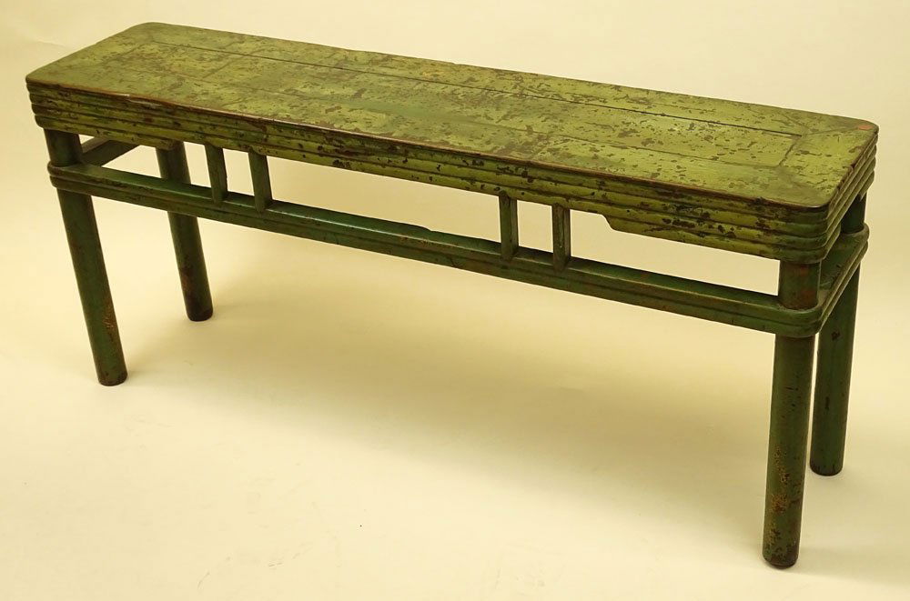 Antique Chinese elm green celadon bench. Unsigned.: Antique Chinese elm green celadon bench. Unsigned. Distressed finish consistent with age or in good condition. Measures 21 inches tall, 47-1/2 inches length, 11 inches width. Shipping: Third Party