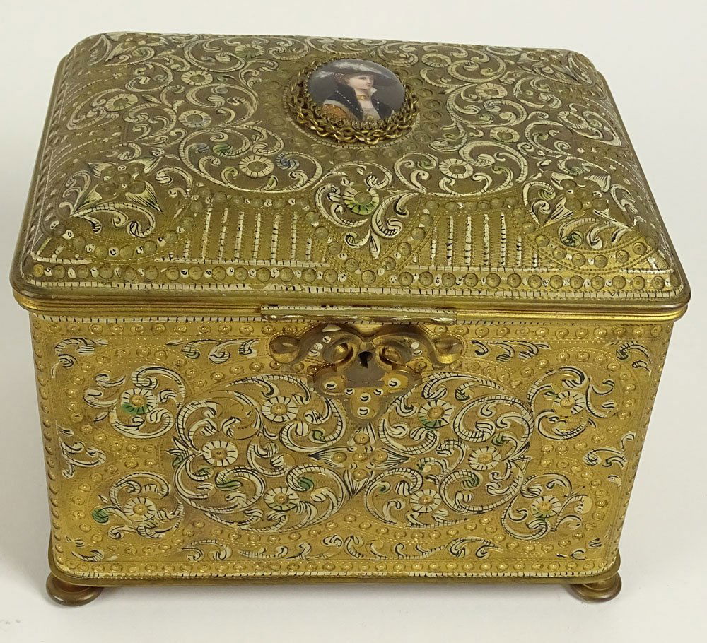 Antique enameled gilt bronze jewelry casket with inset (1 of 9)