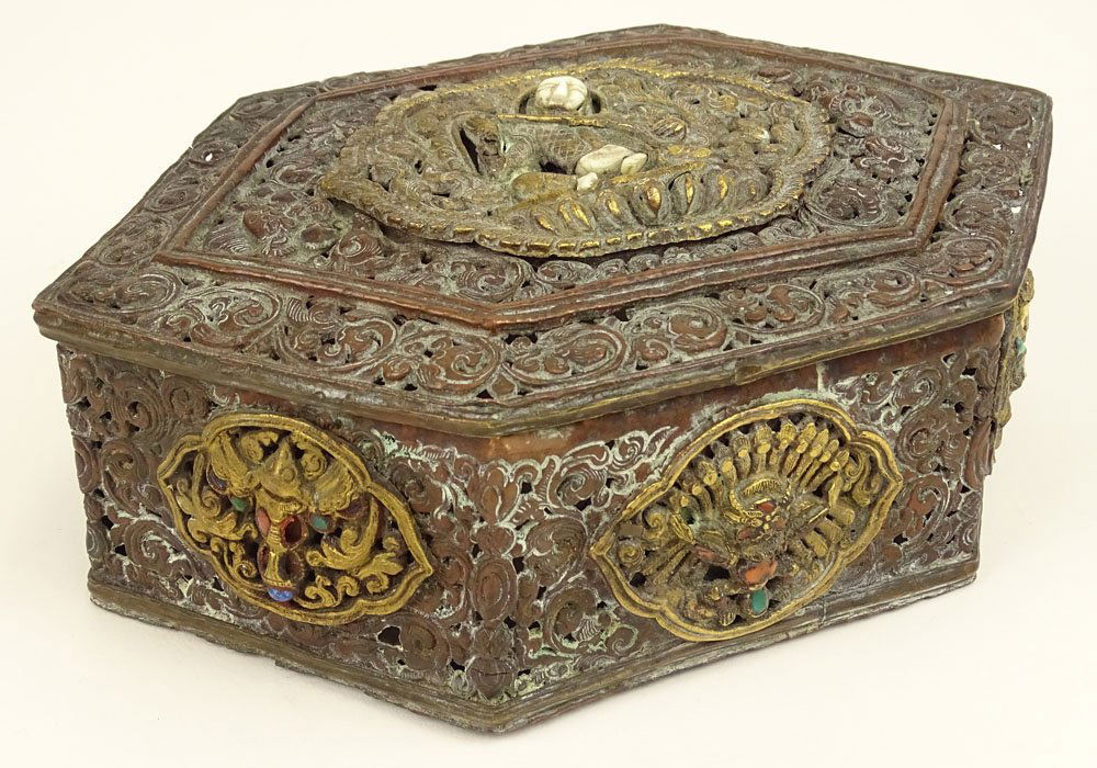 Early Tibetan Copper and Bronze Jewelry Trinket Box. (1 of 5)