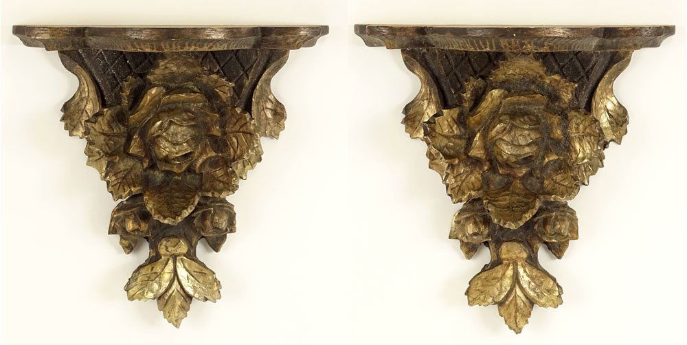 Pair of Carved Gilt Wood Wall Brackets. Floral Design. (1 of 3)