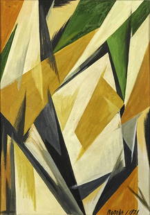 attributed to: Liubov Popova, Russian (1889-1924): attributed to: Liubov Popova, Russian (1889-1924) Gouache on Cardboard "Rayonist Composition" Signed Lower Right and Dated 1921. Good Condition. Measures 14 Inches by 9-3/4 Inches (sight), Frame