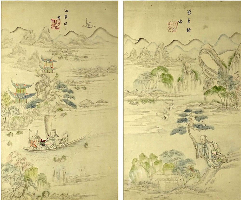 Pair of 19th C Korean School Water Colors "Tales Of (1 of 4)