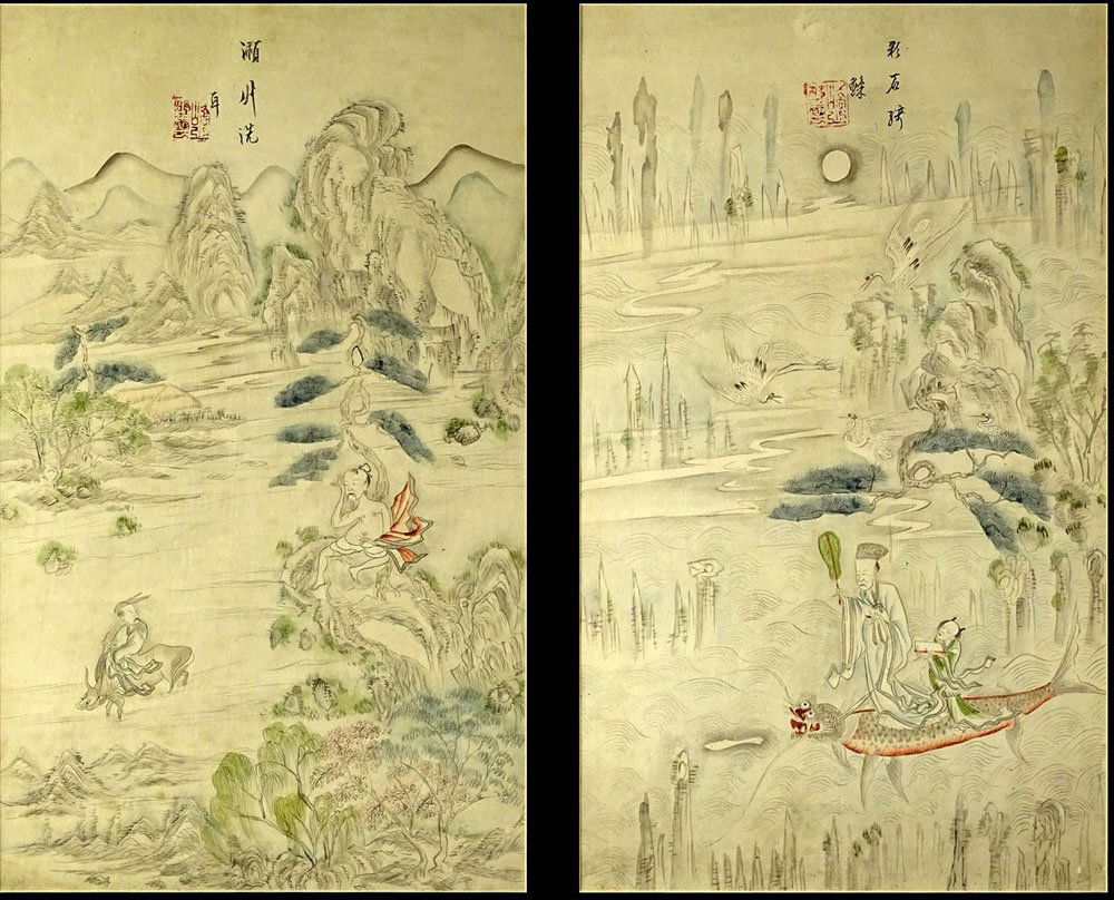 Pair of 19th C Korean School Water Colors "Tales Of (1 of 4)