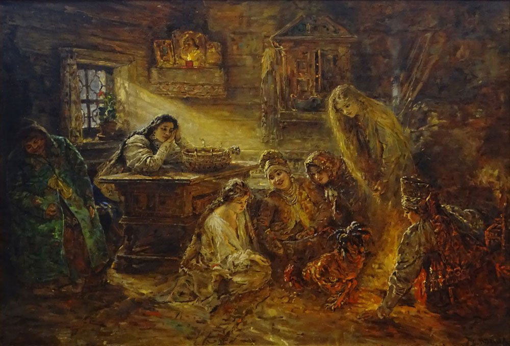 after: Konstantin Egorovich Makovsky, Russian: after: Konstantin Egorovich Makovsky, Russian (1839-1915) oil on canvas laid on panel, Interior Scene. Bears signature lower right. Very good condition. Measures 37 inches tall and 53 inches wide (sig