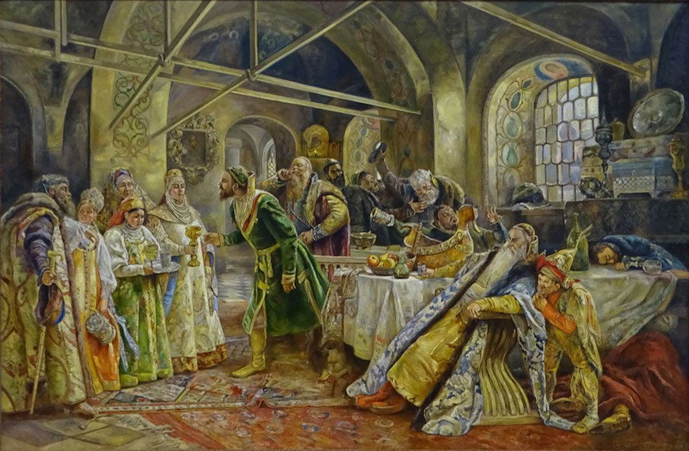 after: Konstantin Egorovich Makovsky, Russian: after: Konstantin Egorovich Makovsky, Russian (1839-1915) oil on canvas laid on panel, Interior Scene. Bears signature lower right. Very good condition. Measures 47-1/2 inches tall and 71-1/2 inches w