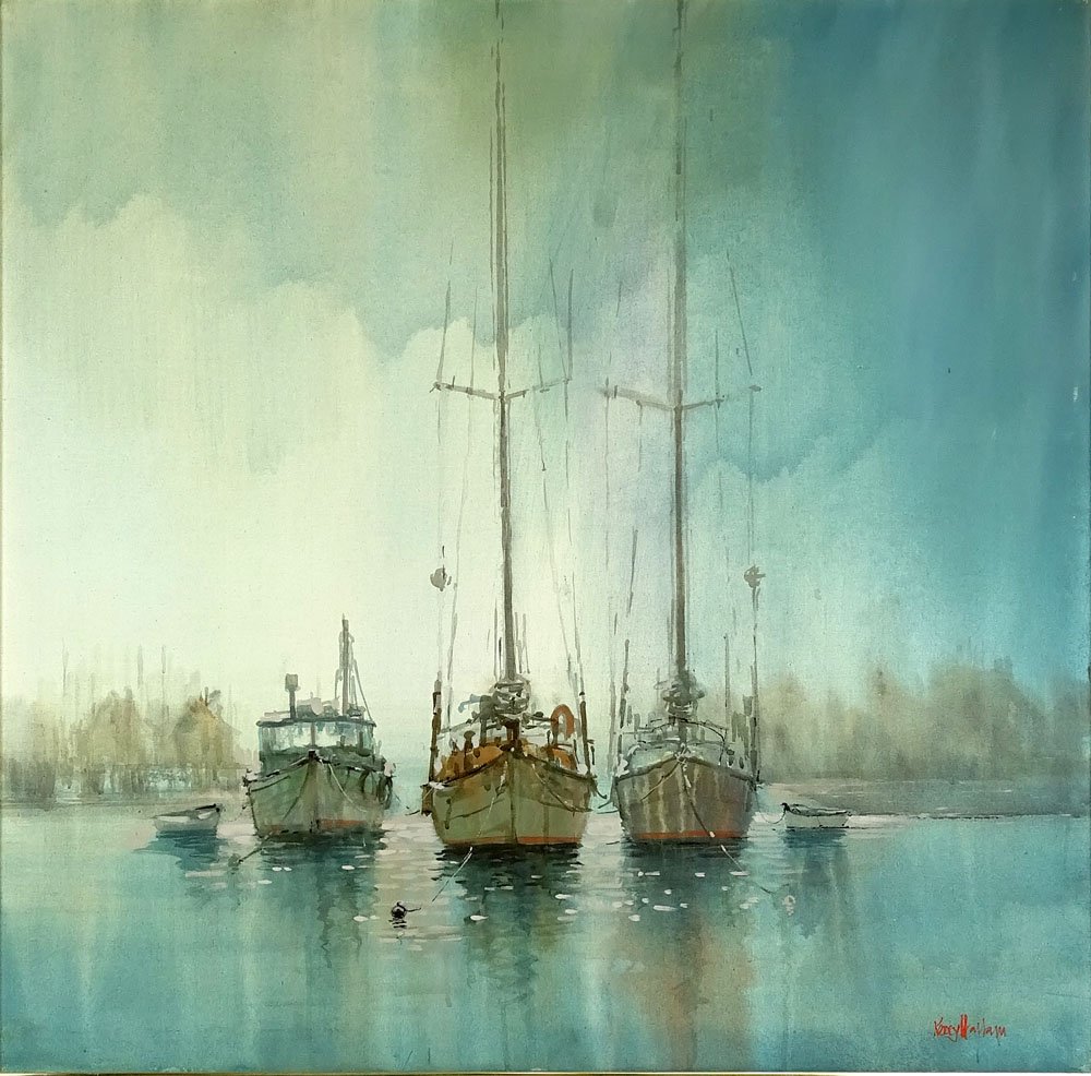 Kerry Hallam American (1937 - ) Acrylic on canvas: Kerry Hallam American (1937 - ) Acrylic on canvas "Nantucket Mooring" Signed Lower right. Certificate of Registration, National Museum and Gallery Registration Association included. Good condition. Me
