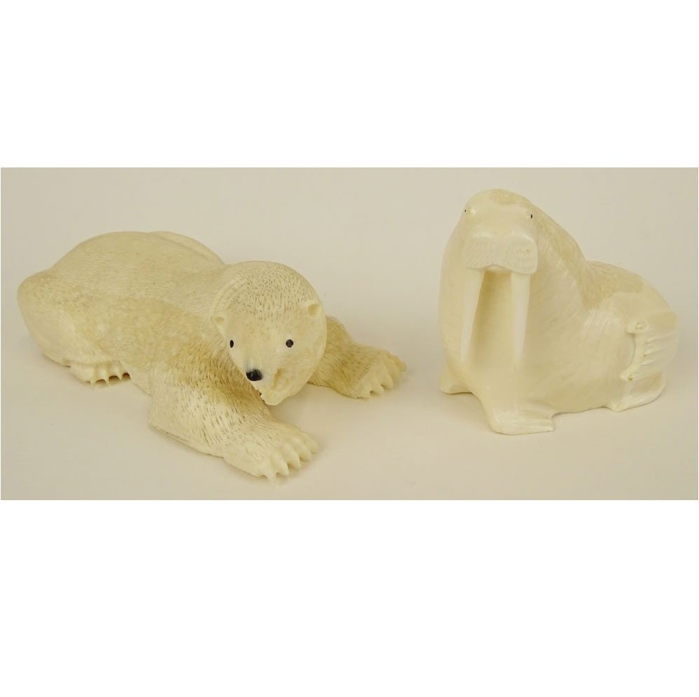 Lot of 2 Hand Carved Walrus Ivory Alaskan Animal (1 of 8)