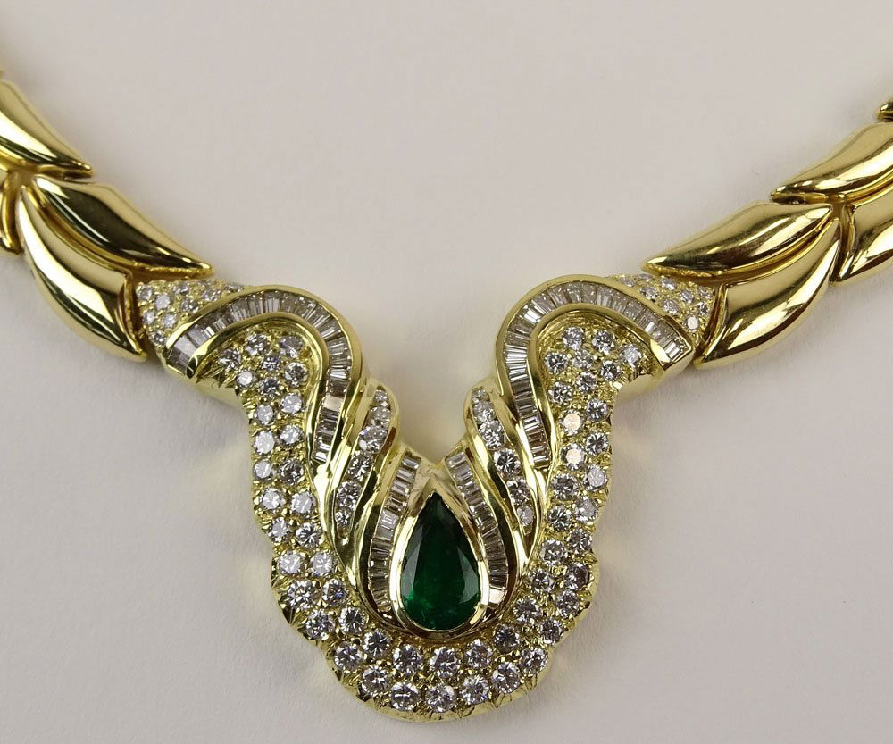 Lady's Italian Chimento 5.50 Carat Round Cut Diamond,: Lady's Italian Chimento 5.50 Carat Round Cut Diamond, 2.0 Carat Pear Shape Emerald and 18 Karat Yellow Gold Necklace. Signed and Hallmarked. Very good condition. Measures approx. 16 inches long. Appro