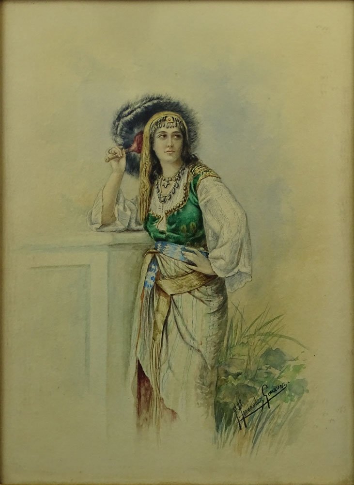 Ferderico Fernandez y Gimenez, Spanish (1841-1910: Ferderico Fernandez y Gimenez, Spanish (1841-1910 Watercolor on Paper "Orientalist Woman in Costume With Fan" in period frame. Signed Lower Right. Light toning from age or in good condition. Measures 