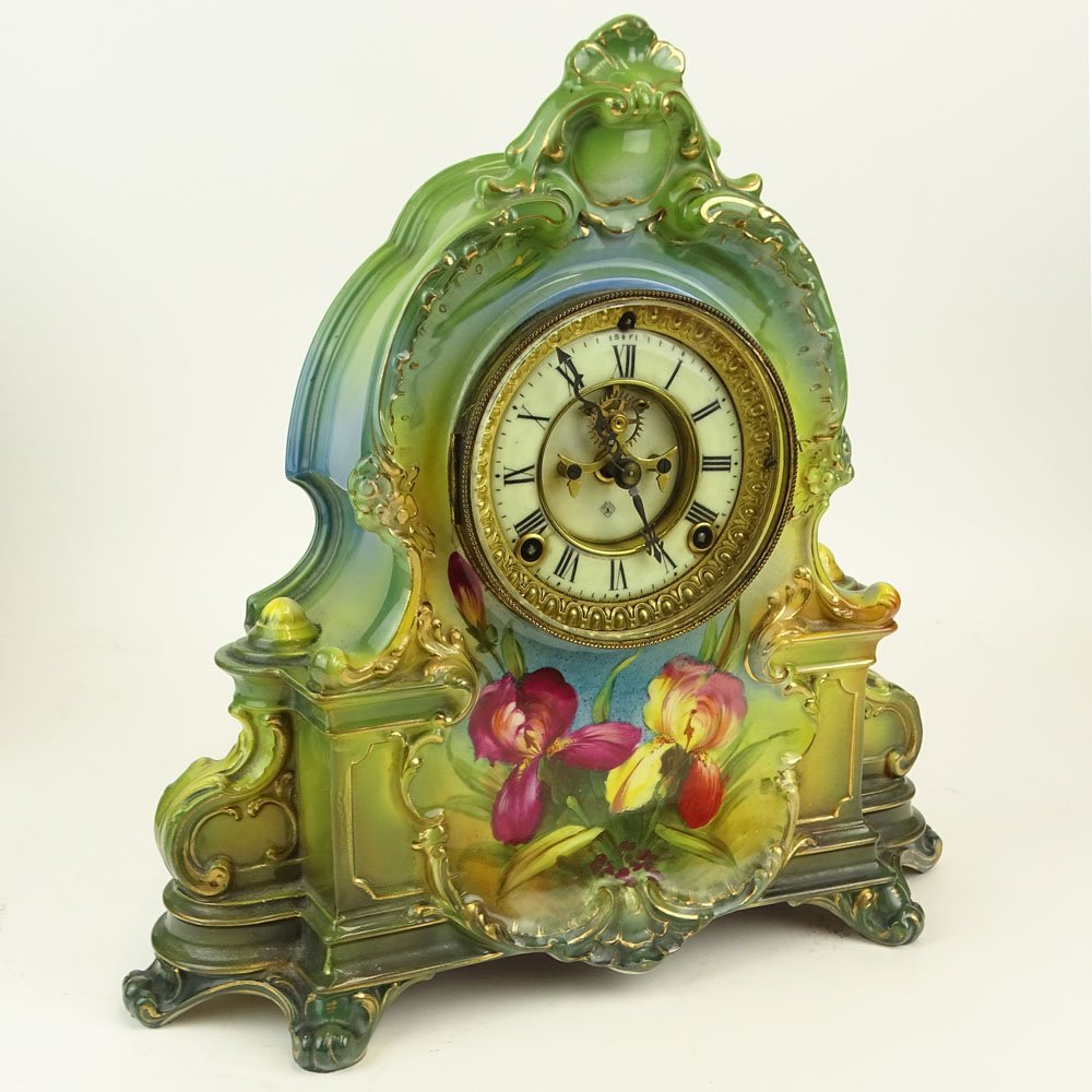 19/20th Century Ansonia Royal Bonn Porcelain Mantle: 19/20th Century Ansonia Royal Bonn Porcelain Mantle Clock. Signed. Lacking key and pendulum. No determination of running condition. The gallery does Not warranty the running condition of clocks. Porce