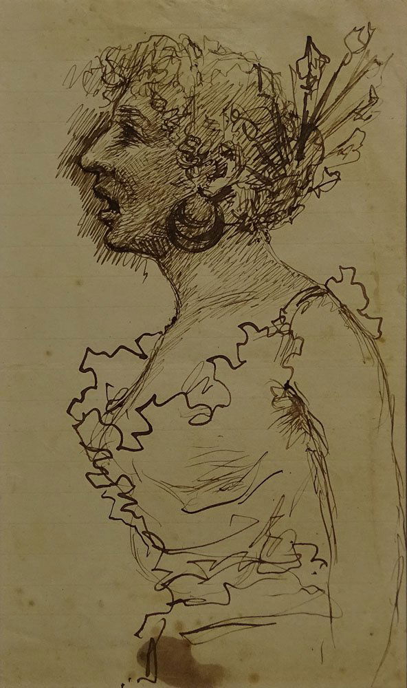 attributed to: Gaetano Gandolfi, Italian (1734-1802): attributed to: Gaetano Gandolfi, Italian (1734-1802) Ink on paper. "Study of a Woman" Inscribed in Italian en verso. Toning and staining from age. Measures 7" x 4-1/2". Shipping $55.00