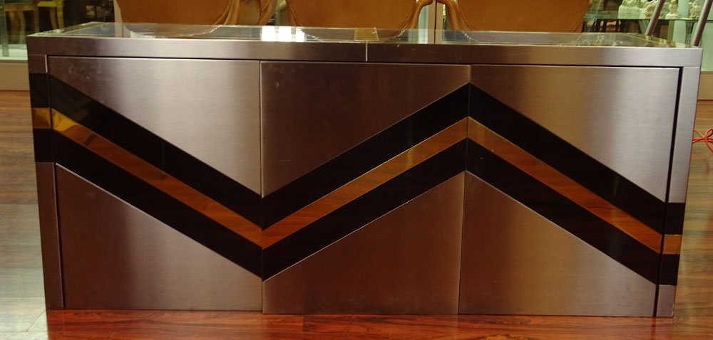 Possibly Retro Ello chrome, black and gold finish: Possibly Retro Ello chrome, black and gold finish hanging credenza. Unsigned. Condition: wear, oxidation, dents. Measures: 24 inches tall, 56 inches length, 18 inches depth. Shipping: Third Party