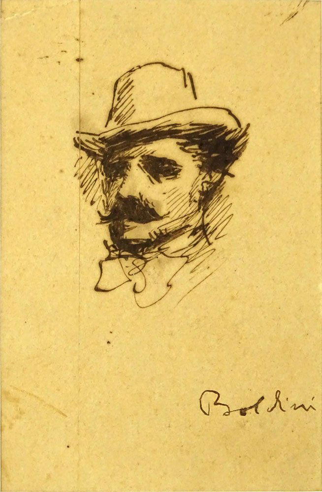Giovanni Boldini, Italian (1842-1931) Ink on paper laid: Giovanni Boldini, Italian (1842-1931) Ink on paper laid on cardboard. "Portrait of a Man" Signed lower right. Toning from age, small tear upper left corner. Measures 6-3/4" x 4-1/2". Shipping $30.00