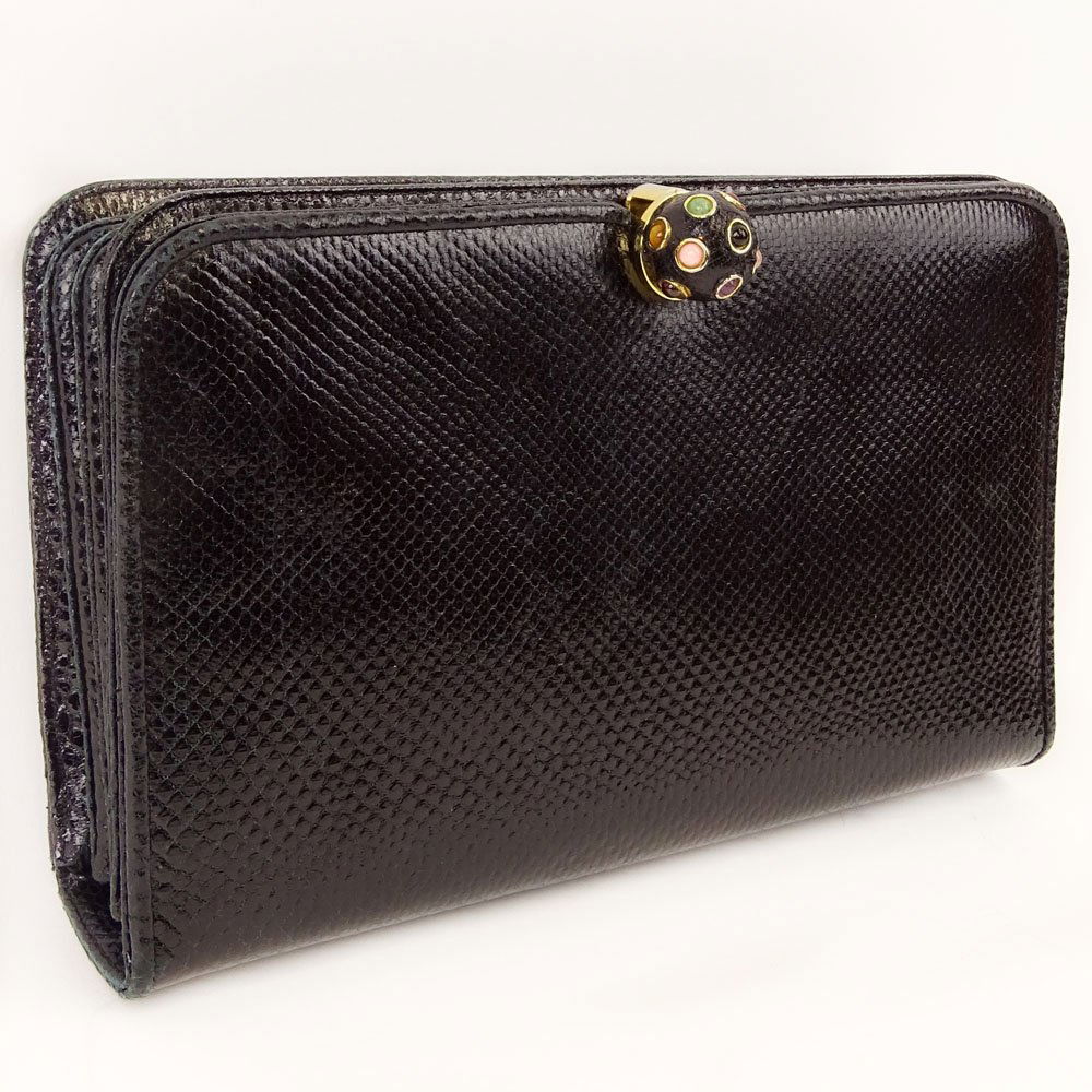 Judith Leiber Snakeskin Clutch with 'Jeweled' Clasp.: Judith Leiber Snakeskin Clutch with 'Jeweled' Clasp. Signed. Light scuffs or good condition. Measures 5-3/4 inches tall and 9-3/8 inches wide. Shipping $36.00