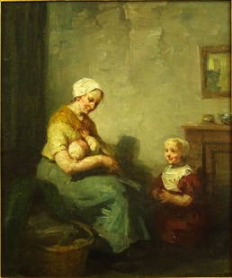 Bernardus Johannes Blommers, Dutch (1845-1914) Oil on: Bernardus Johannes Blommers, Dutch (1845-1914) Oil on canvas "Mother's Joy" Indistinct signature lower left. Brass tag with title affixed to frame. Good condition. Measures 13-1/4" x 10-1/4", frame 18