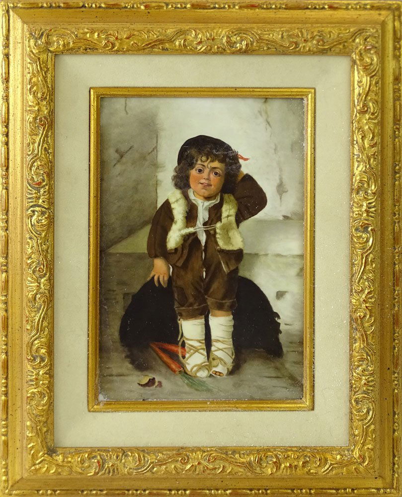 KPM Hand Painted Porcelain Plaque "Piccolo-Pico after: KPM Hand Painted Porcelain Plaque "Piccolo-Pico after Lucias" Impressed KPM mark en verso. There appears to be a light film coating that is lifting or in good condition. Measures 9-1/4" x 6-1/2", fram