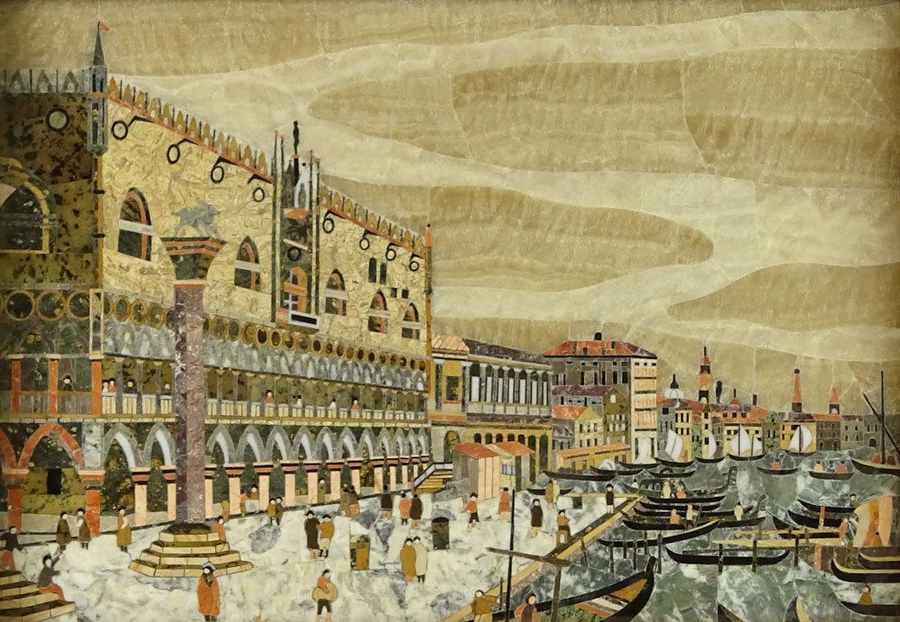 Modern Pietra Dura Plaque in Gilt Wood Frame. Brass tag (1 of 4)