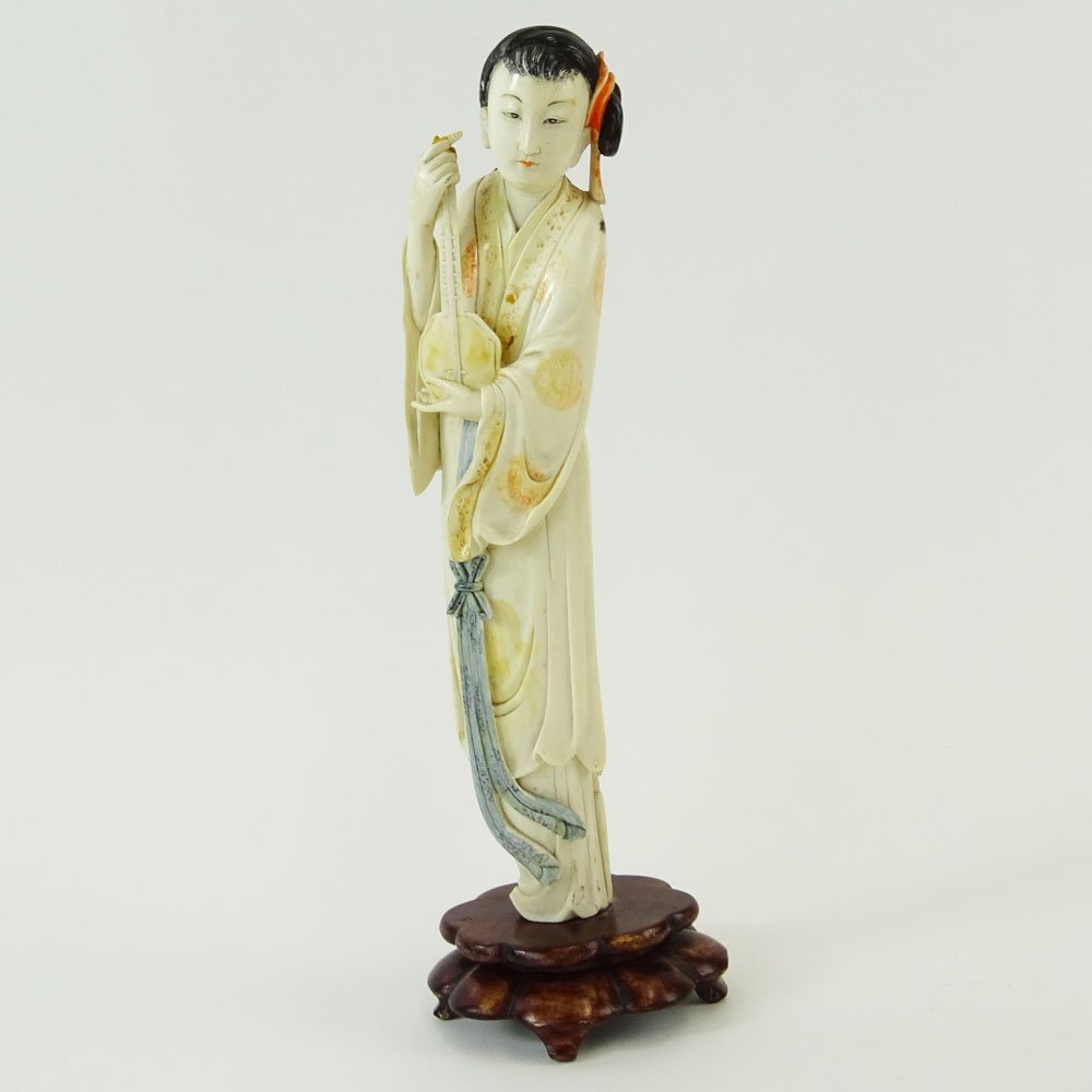 Chinese Carved Polychrome Ivory Maiden Figure on Carved (1 of 7)