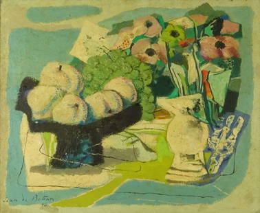 Jean Isy de Botton, French (1898-1978) Oil on canvas: Jean Isy de Botton, French (1898-1978) Oil on canvas "Still Life" Signed lower left. Inscribed, titled and dated 1963 en verso. Craquelure or in good condition. Measures 18-1/2" x 22-1/2", frame measu