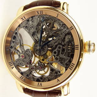 Men's Ulysse Nardin 18 Karat Rose Gold Limited Edition: Men's Ulysse Nardin 18 Karat Rose Gold Limited Edition Maxi Skeleton Watch with Box and Papers. Signed and numbered 44/50. Very good condition. Slight wear to strap. Please note the Gallery does Not w