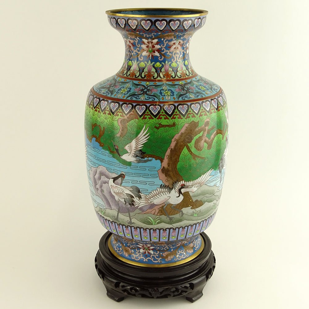 Chinese Cloisonne Enamel Vase with wood base. Unsigned. (1 of 8)