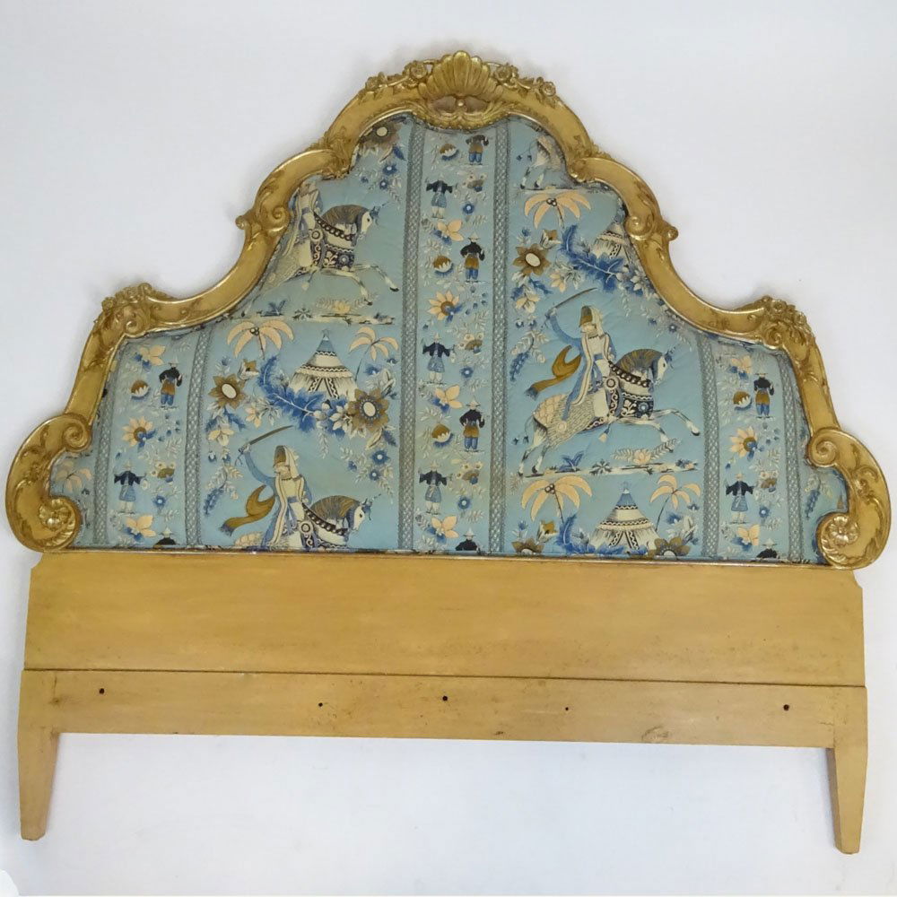 Early to mid 20th century carved painting gilt wood and: Early to mid 20th century carved painting gilt wood and upholstered headboard. Unsigned. Minor rubbing, upholstery "as is" Measures 62" H x 67" W. Shipping: Third party.