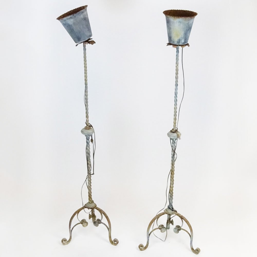 Pair circa 1920's Wrought Iron Torchieres. Unsigned. (1 of 4)