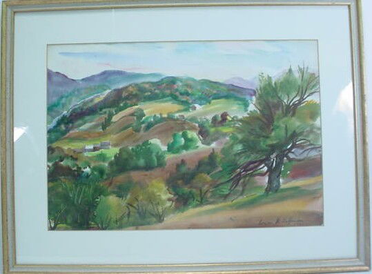 Irwin D. Hoffman American-New York (1901-1989) Wate: Irwin D. Hoffman American-New York (1901-1989) Watercolor on Paper "Hilly Landscape" Signed Irwin D. Hoffman Lower Right and Dated 1960. Has Five (5) Thumtack Holes Upper or Else Very Good to Excellen