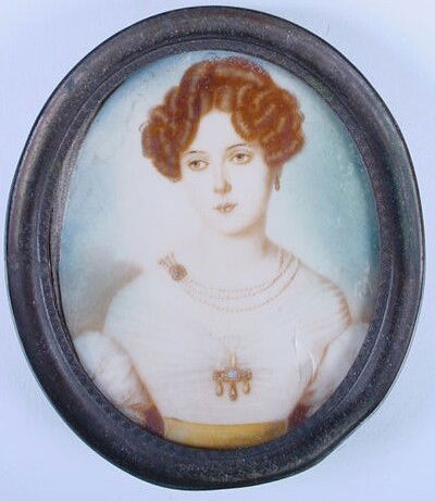 Friedrich Heinrich Füger German (1751-1818) Waterc: Friedrich Heinrich Füger German (1751-1818) Watercolor on Ivory Miniature Portrait "Portrait of a Lady" Signed Füger Lower Right. Mounted in Oval Metal Frame. Damage to Ivory by Right Sleeve (her le