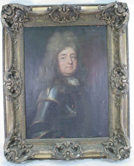 Attributed to: Robert Levrac-Tournières French (16: attributed to: Robert Levrac-Tournières French (1667-1752) Oil on Canvas "Portrait of a Gentleman in Armour" Unsigned. Flaking, Craquelure or Else Good Condition. Period Carved Wood and Gesso Frame,
