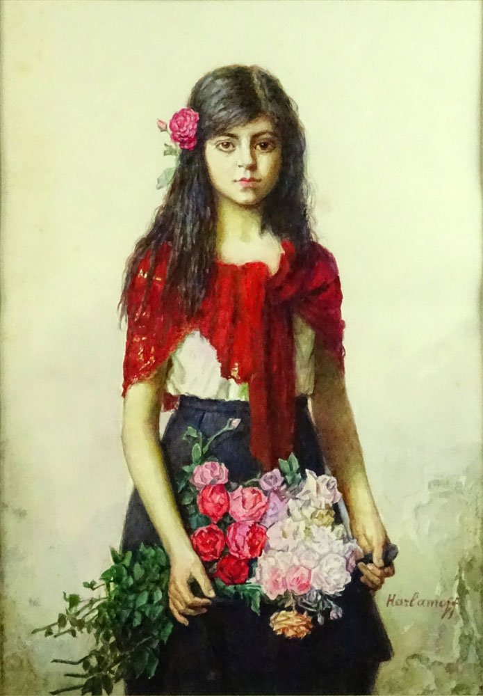 Antique Russian watercolor on paper "Girl With Boquet". (1 of 5)