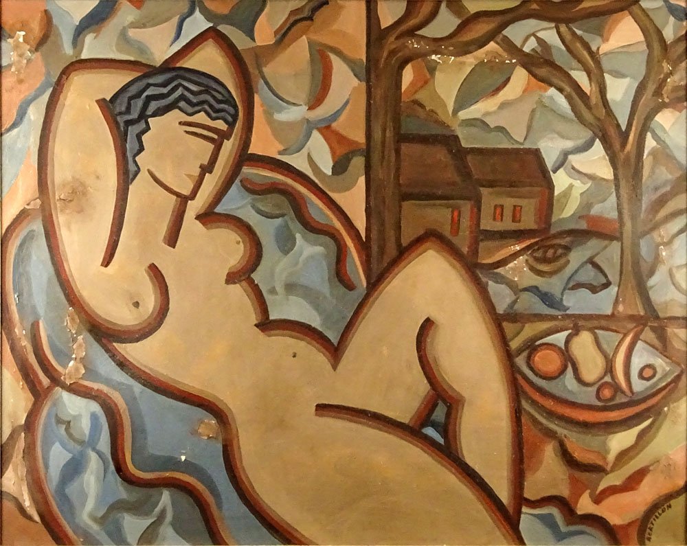 Suzanne Bertillon, French (20th C) Oil on canvas: Suzanne Bertillon, French (20th C) Oil on canvas "Reclining Nude". Signed lower right. Paint loss, craquelure, flaking. Measures 31-3/4" x 39-3/4", frame 39-1/2" x 47-1/4". Shipping: Third party