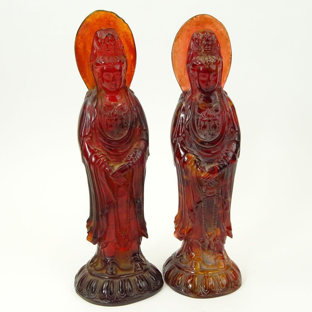 Pair of Vintage Carved Amber Deity Figurines. Unsigned. (1 of 6)