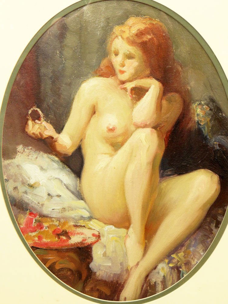 Joseph Tomanek, American (1889-1974) Oil on Artist: Joseph Tomanek, American (1889-1974) Oil on Artist Board "Nude with Red Hair". Signed en verso and Stamped "Estate of Joseph Tomanek American 1889-1974". Good Condition or Better. Measures 16 Inches T