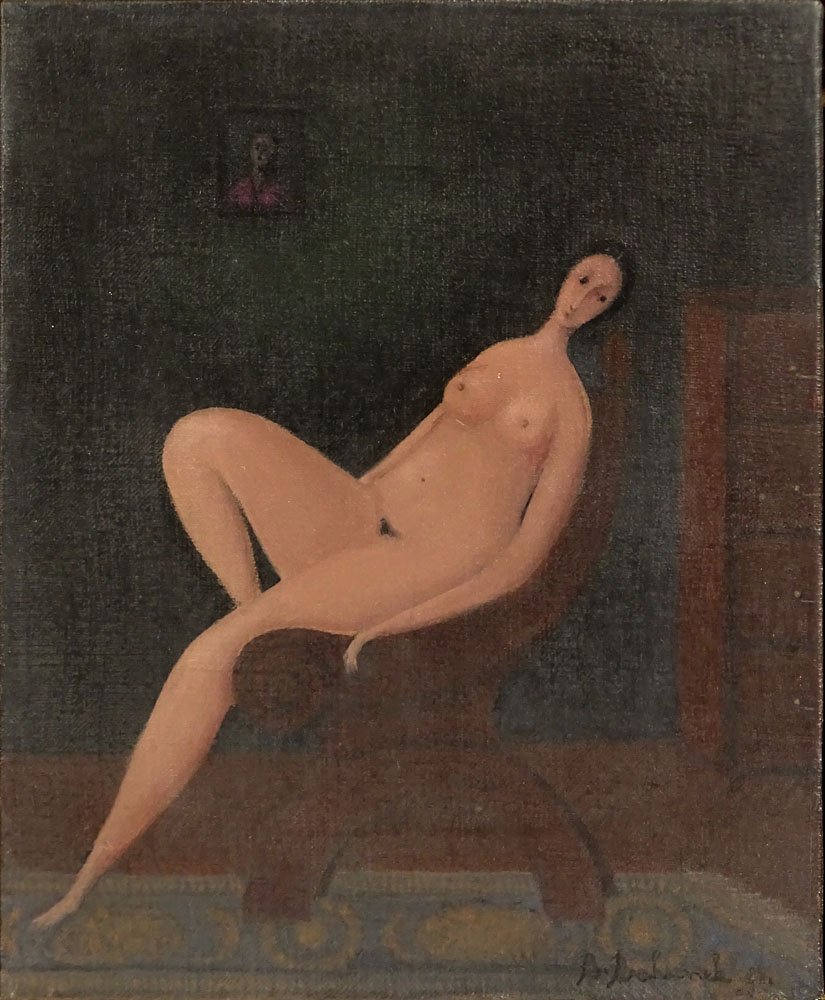 Branko Bahunek, Croatian (1935-2005) Oil on canvas: Branko Bahunek, Croatian (1935-2005) Oil on canvas "Reclining Nude" Signed Lower Right and dated 89. Very Good condition. Measures 10-3/4" x 9", frame measures 18-1/2" x 16-1/2". Shipping $65.00