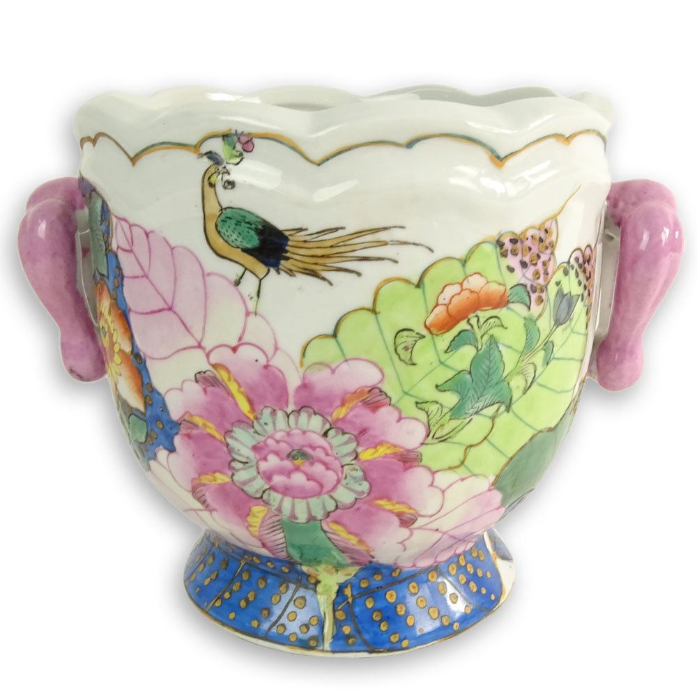 Chinese Tobacco Leaf Porcelain Cache Pot. Signed with (1 of 7)