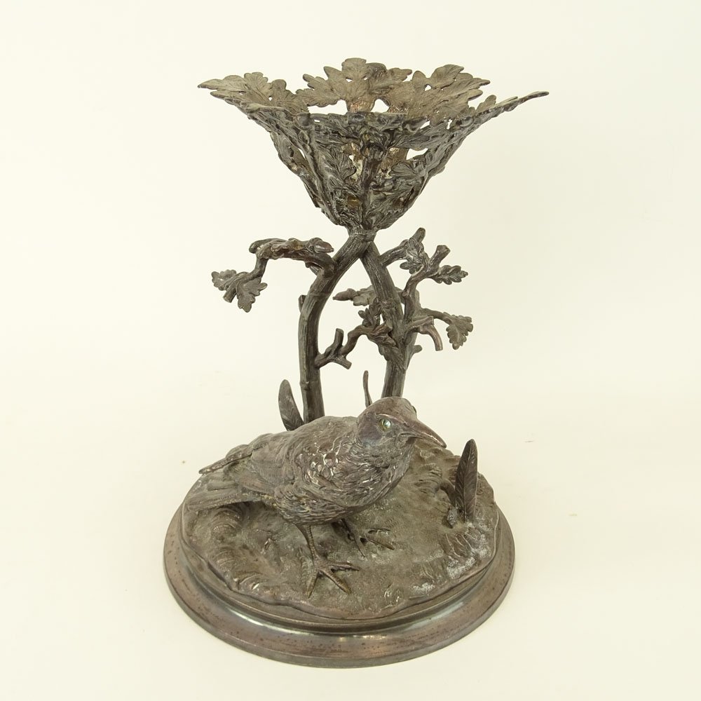 Victorian Silver Plate Bird Centerpiece Stand. Missing: Victorian Silver Plate Bird Centerpiece Stand. Missing Bowl. Unsigned. Wear or in good condition. Measures 10-1/4" H. Shipping $65.00
